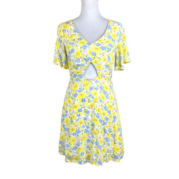 GB Gianni Bini Bright Yellow Floral Keyhole Cut Out Mini Fit & Flare Dress - Picture 1 of 13
